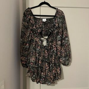 Floral Cutout Peasant Blouse - Black with Pink & Cream Floral